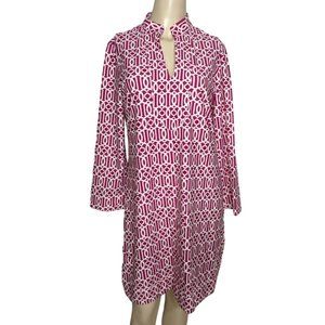 June Connally‎ long sleeve knee length V neck pink white Geometric print dress M